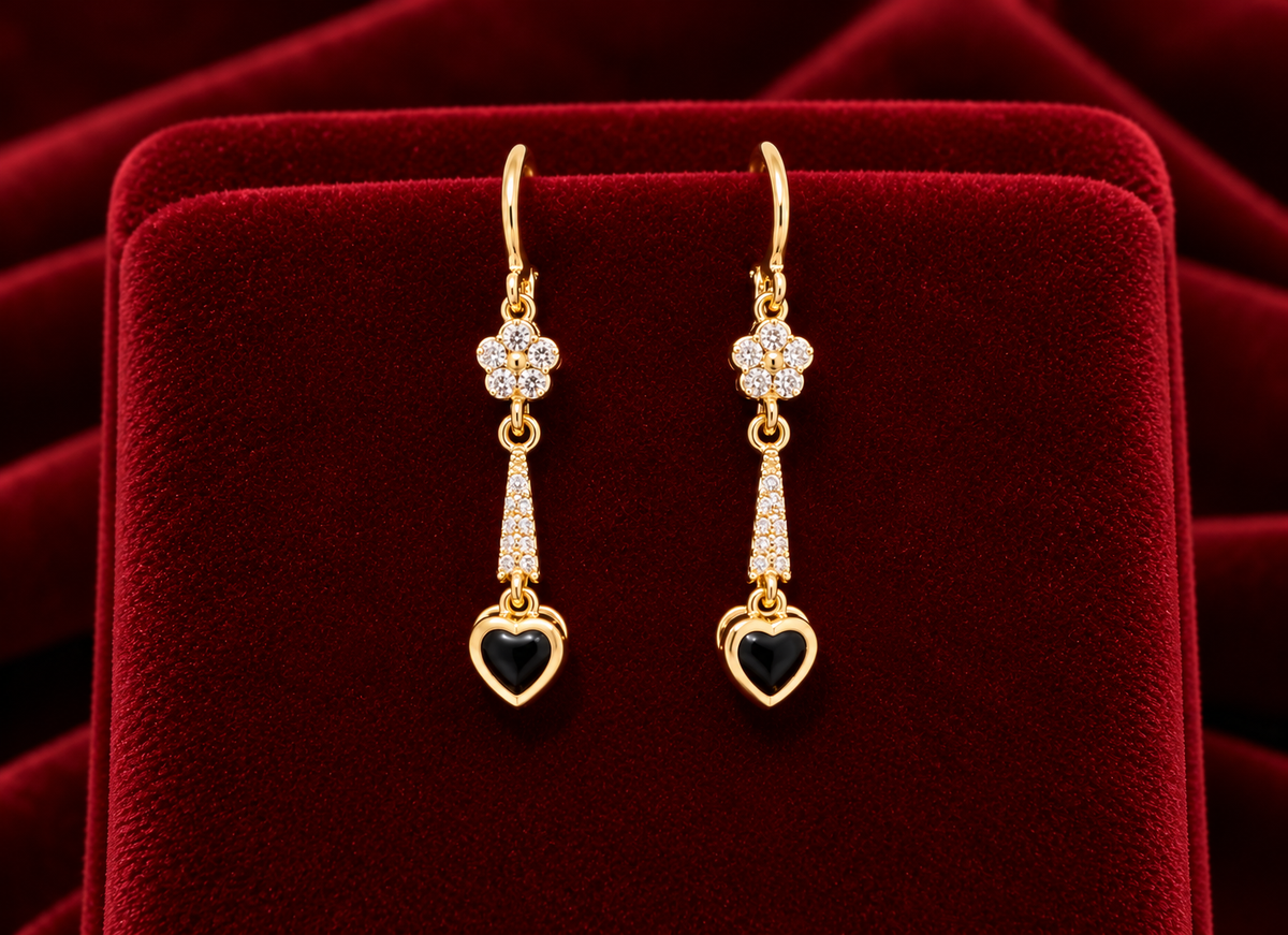 Aretes Colgantes de Corazón Dorado con Negro