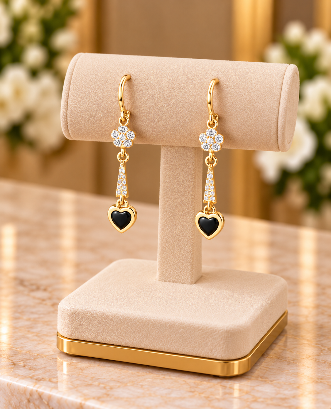 Aretes Colgantes de Corazón Dorado con Negro